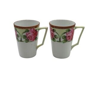 Antique Nippon Chocolate Cups Pair Hand Painted Pink Roses Victorian